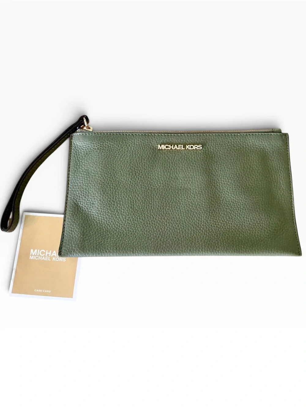 Michael Kors Olive Green Pebbled Leather Large Wristlet Clutch